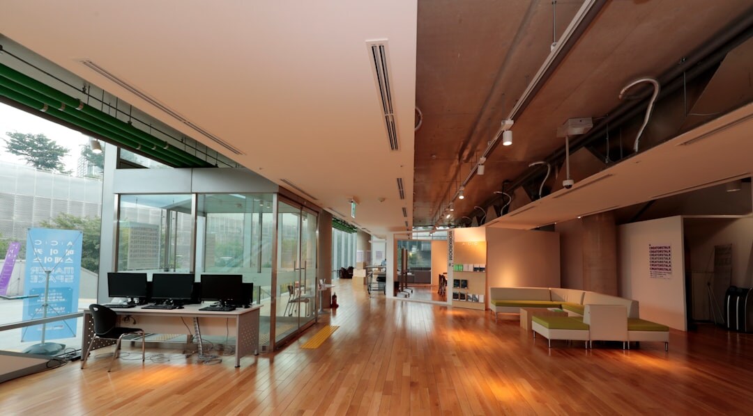 Modern office building reception area with natural light